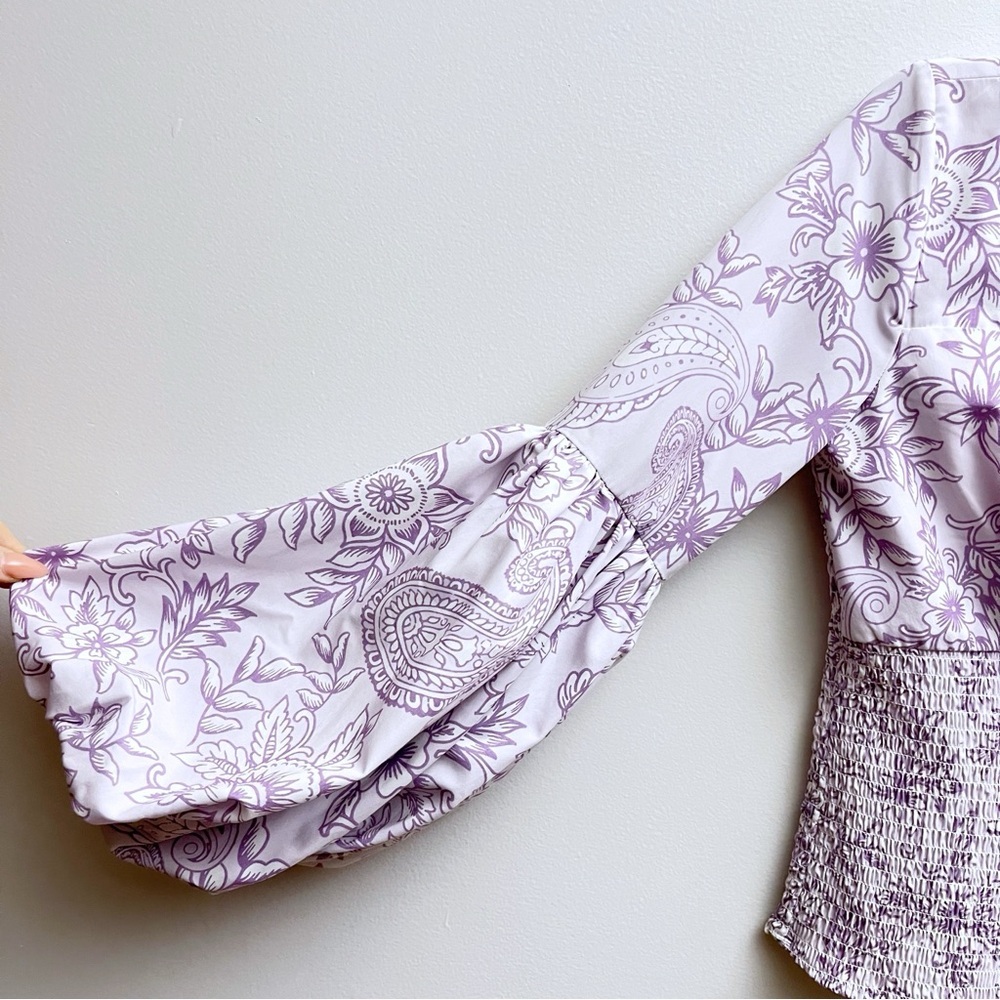 Venus Women’s 8 Floral Print Smocked Lavender Purple Puff Sleeve Top - Picture 4 of 8